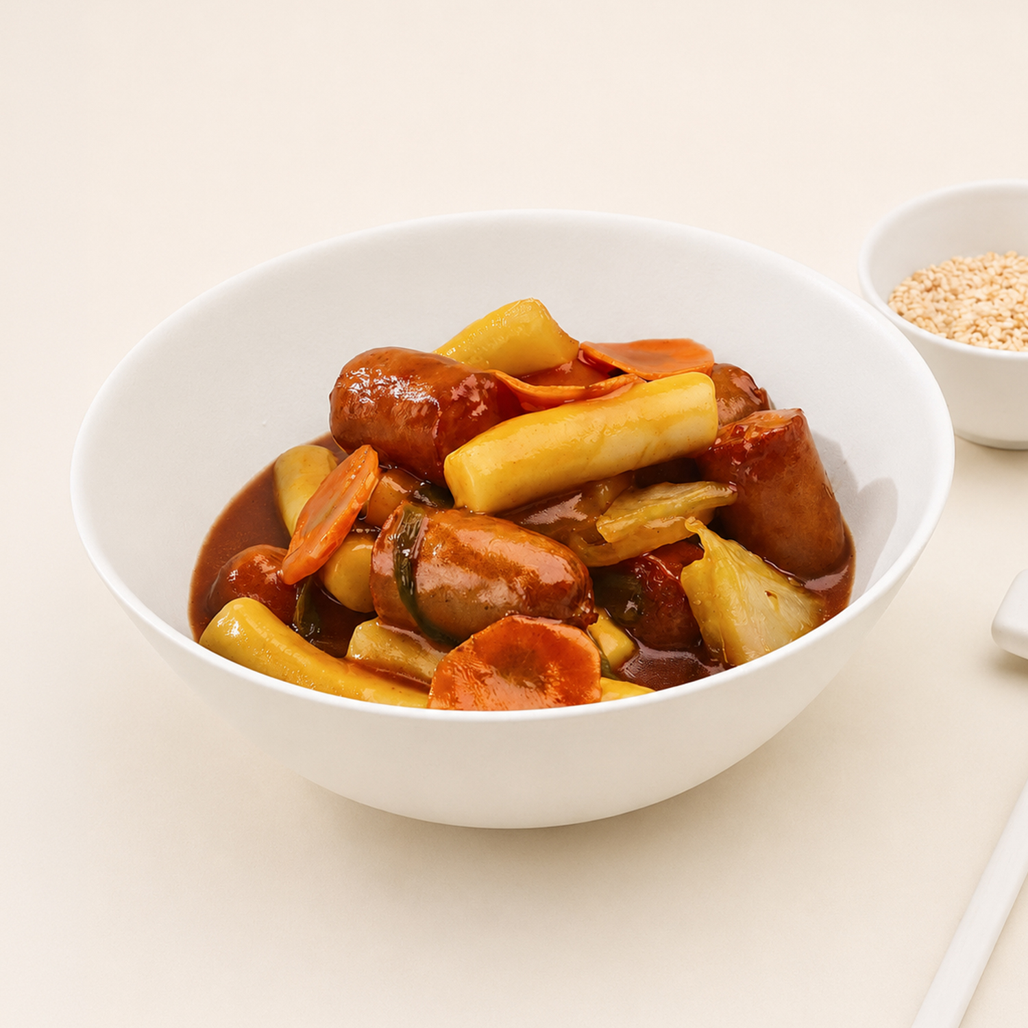 Токпокки с куриными колбасками и овощами в кисло-сладком соусе