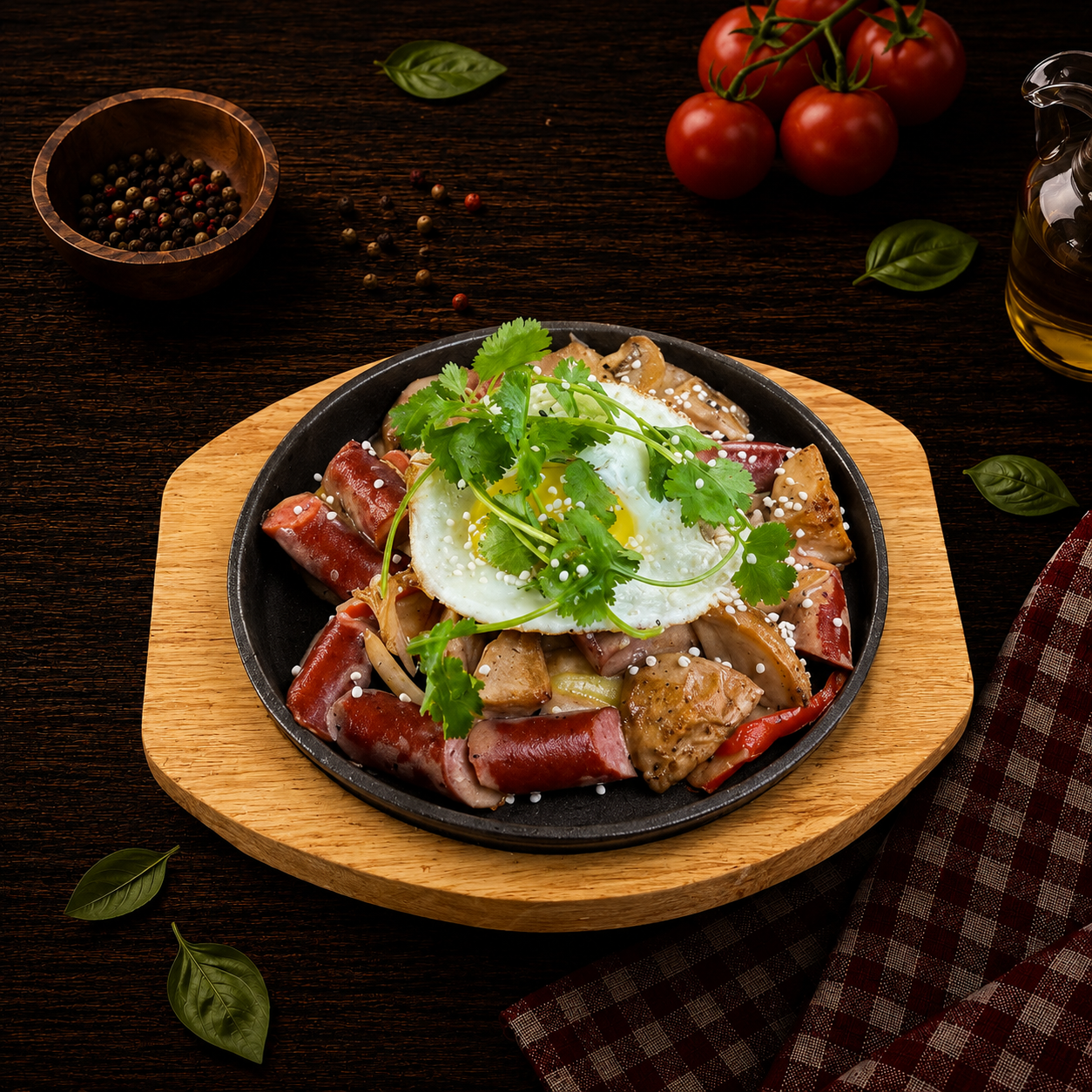 Горячая сковородка с охотничьими колбасками