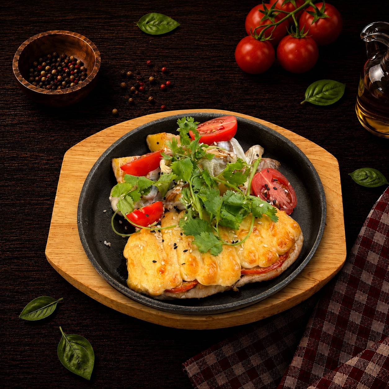 Филе цыпленка с овощами под сырной шапкой
