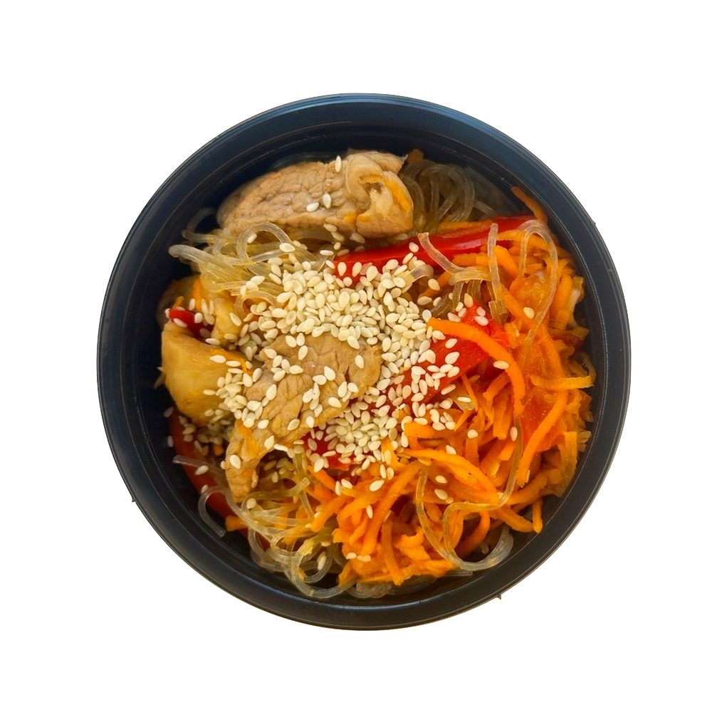Фунчоза с грибами, мясом и овощами
