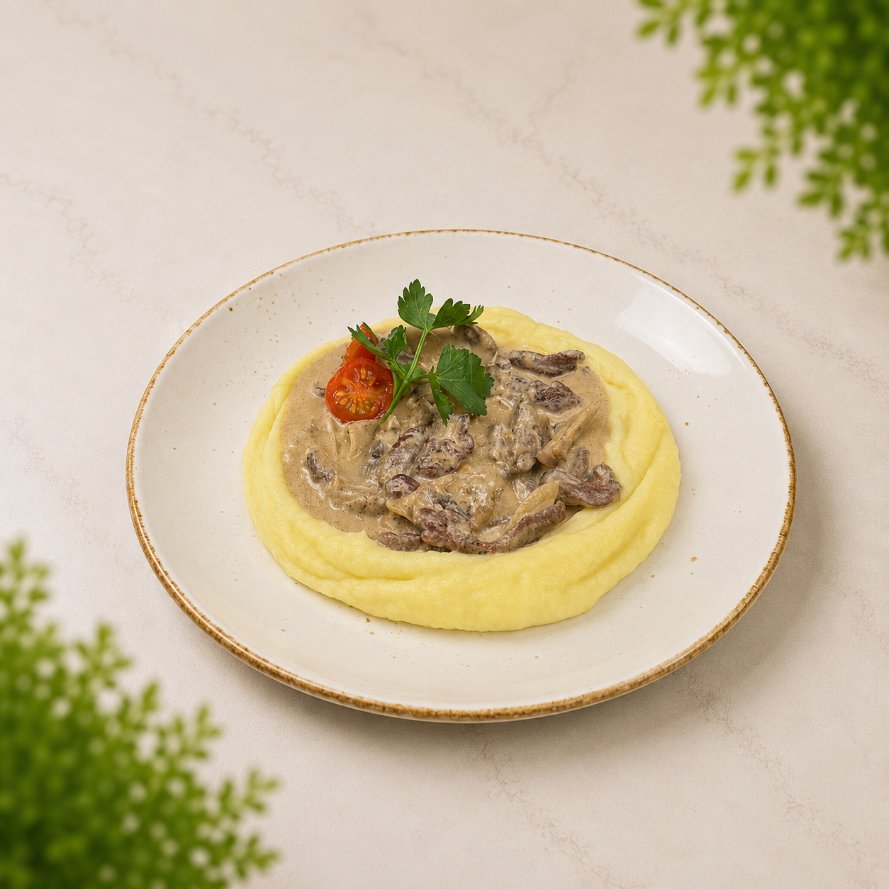 Бефстроганов из говядины с картофельным пюре 